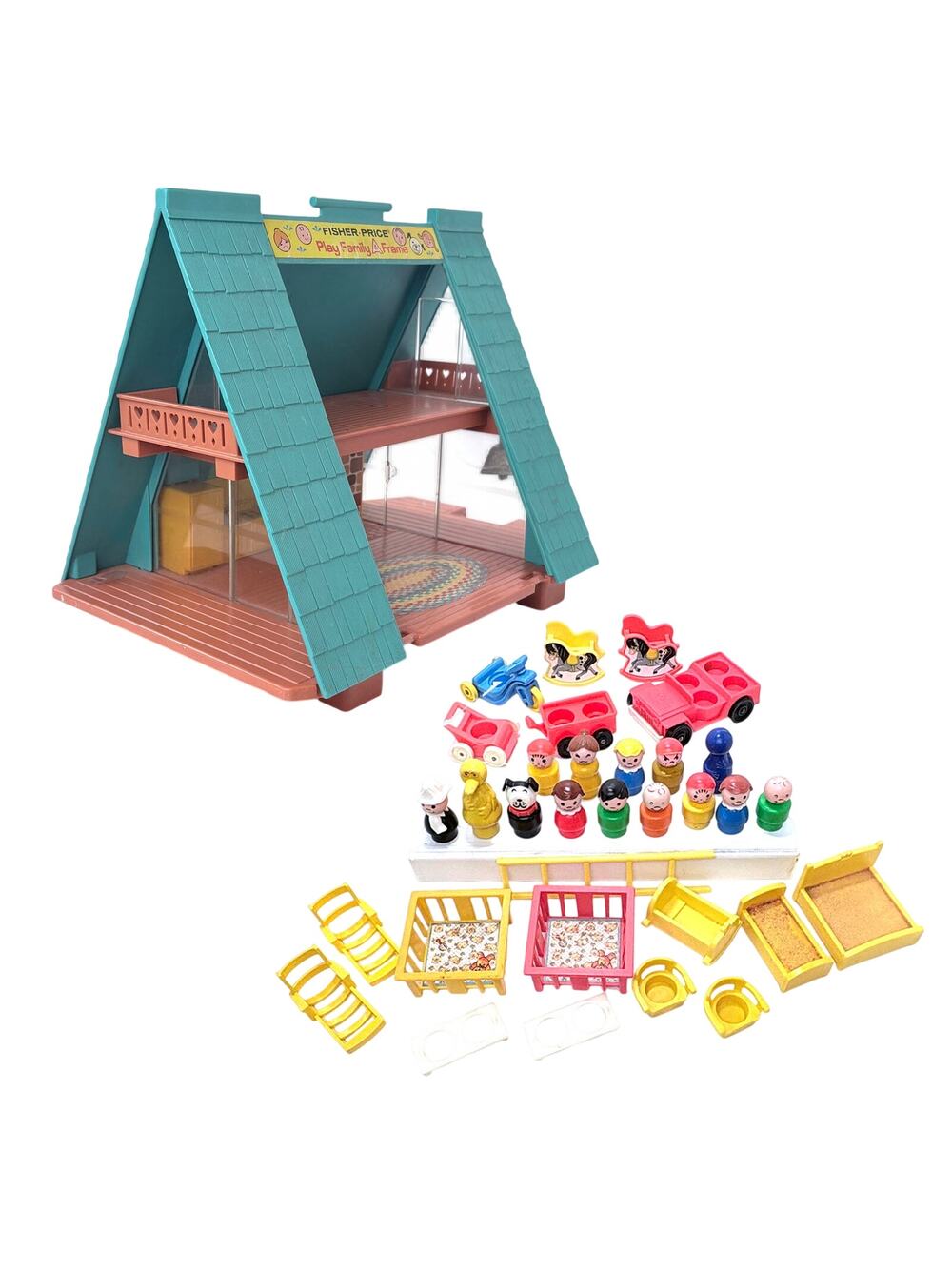 Vintage Fisher Price Play Family A Frame With Figures, Furniture, Cars